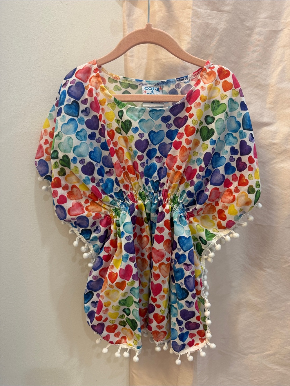 Coral Kids Rainbow Heart Swim Coverup with Pom-Pom Trim